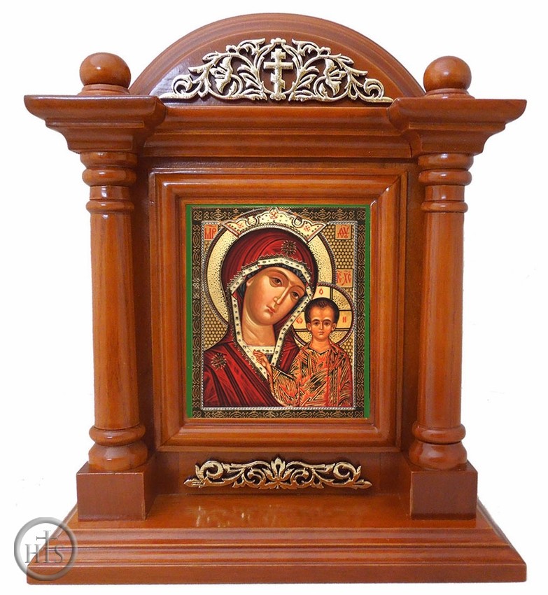 HolyTrinityStore Picture - Virgin of Kazan, Kiot  Icon  in Wood Shrine with Glass