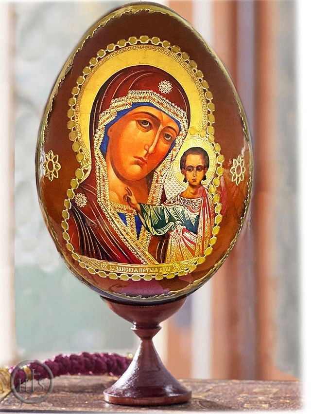 HolyTrinityStore Photo - Virgin of Kazan, Wooden Icon Egg with Stand