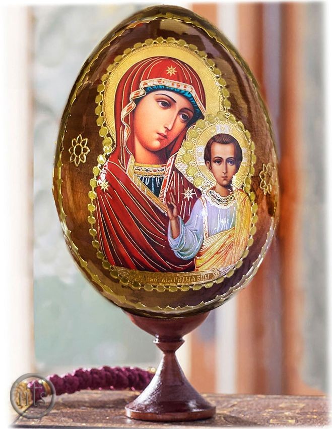 Picture - Virgin of Kazan, Wooden Icon Egg with Stand