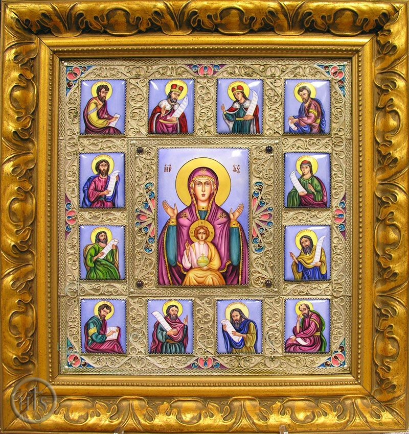 HolyTrinityStore Image - Virgin of Orans (Praying) Museum Quality Finift Icon, Hand Enameled Hand Painted, Framed