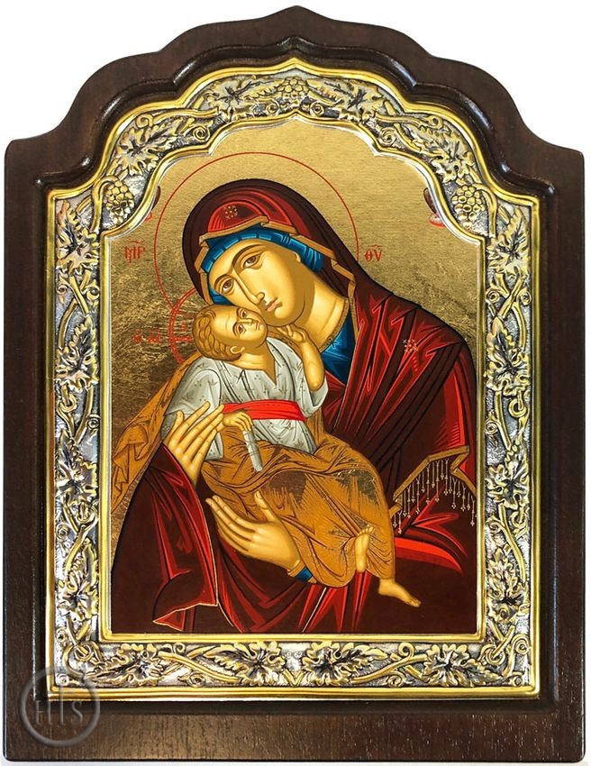 HolyTrinityStore Photo - Virgin Mary Glykophilousa (Sweet Kissing), Serigraph Framed Icon with Stand
