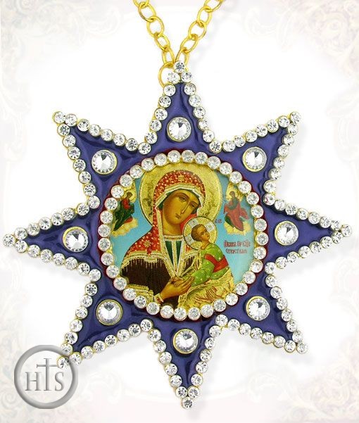 Product Photo - Virgin of Passion (Strastnaia), Ornament Icon Pendant with Chain, Blue
