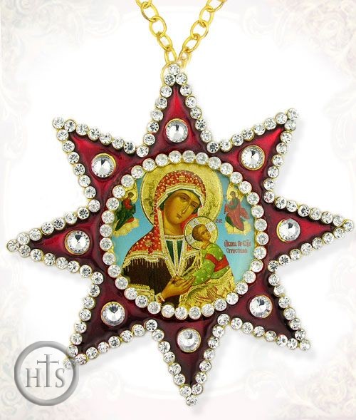 Pic - Virgin of Passion (Strastnaia), Ornament Icon Pendant with Chain,  Red