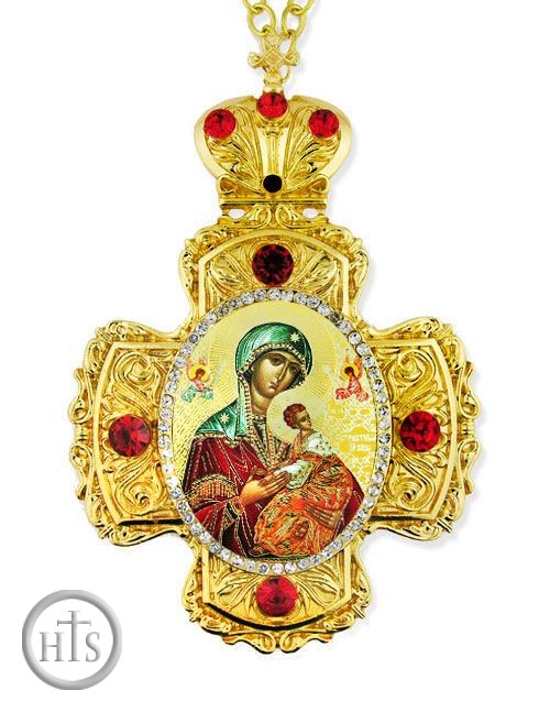 Product Photo - Virgin of Passions, Faberge Style Framed Cross-Shaped Icon Pendant