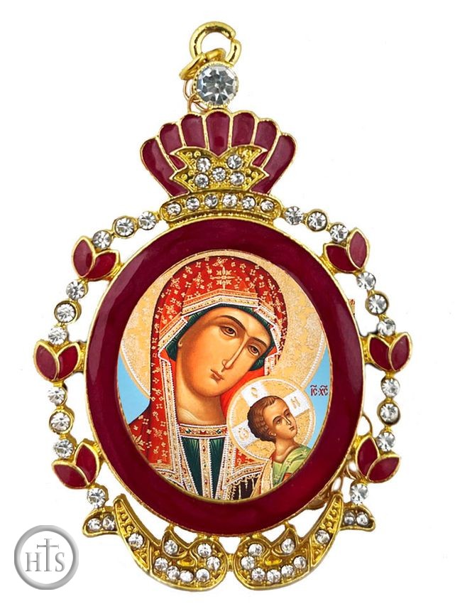 HolyTrinityStore Image - Virgin of Passions, Red Enamel Framed Icon with Chain & Bow