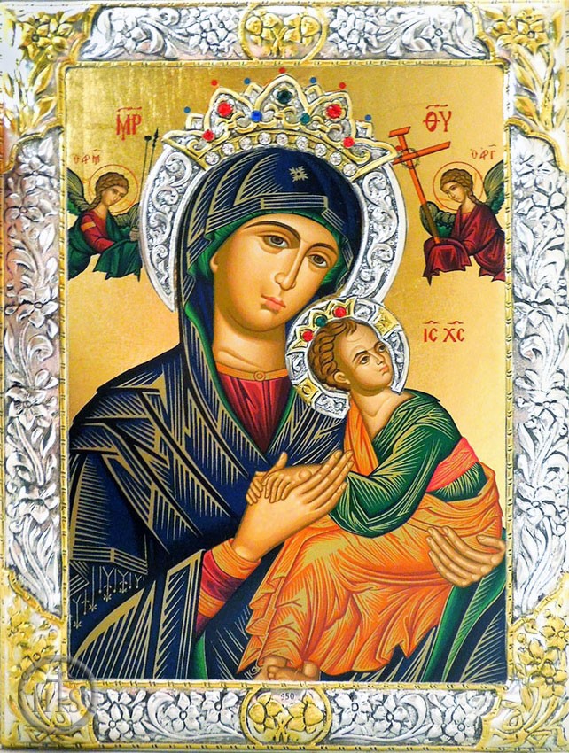 Product Pic - Virgin Mary Perpetual Help, Serigraph Orthodox  Icon  in Silver Riza