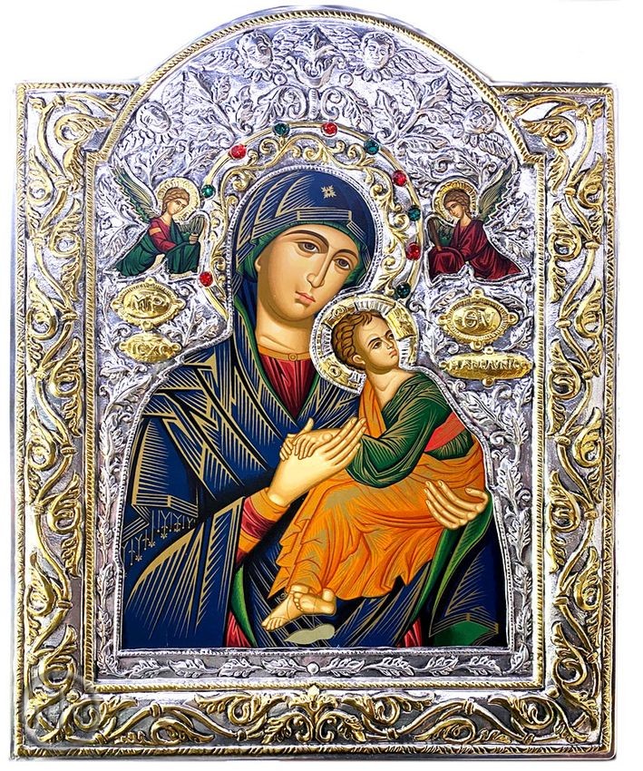 HolyTrinityStore Picture - Virgin Mary Perpetual Help, Serigraph Icon  in Silver / Gold Plated Riza