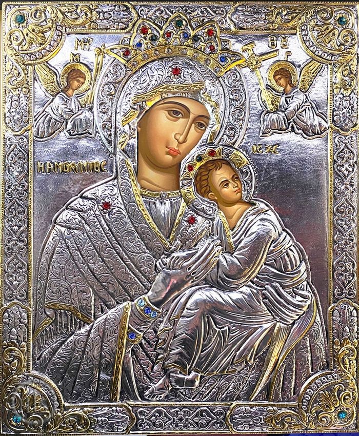 Photo - Virgin Mary Perpetual Help, Serigraph Icon  in Silver / Gold Plated Riza