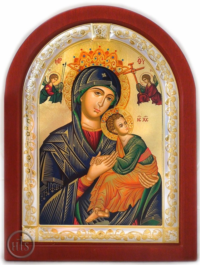 Product Photo - Virgin of Passion, Serigraph Orthodox  Icon in Wood /Silver Frame