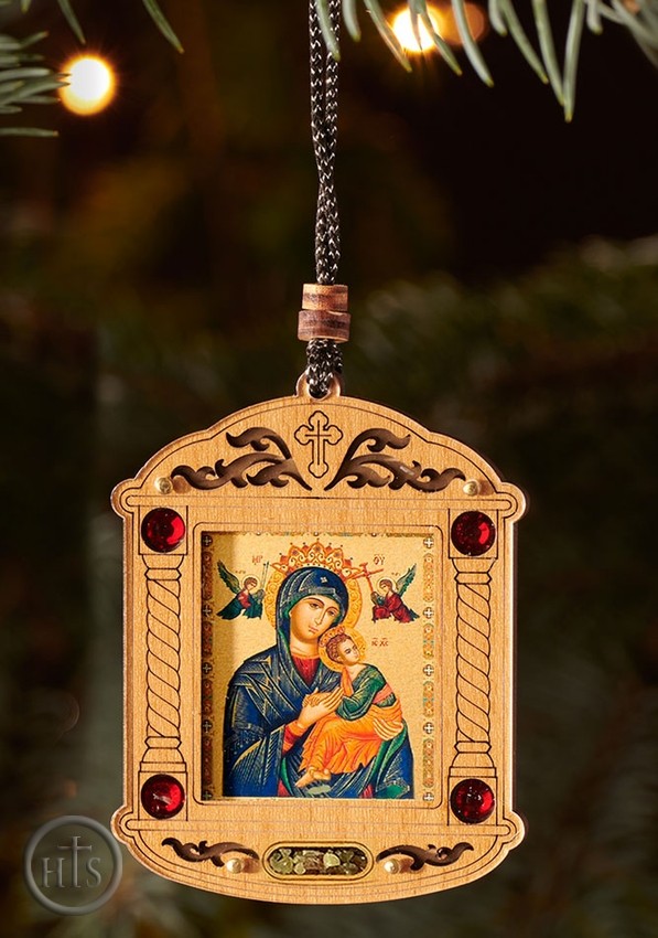 HolyTrinityStore Photo - Virgin Mary Perpetual Help, Wooden Icon Shrine Pendant  on Rope