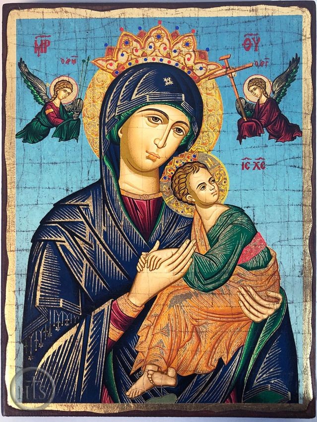 HolyTrinityStore Photo - Virgin Mary Perpetual Help (In Blue), Greek Serigraph Orthodox Icon
