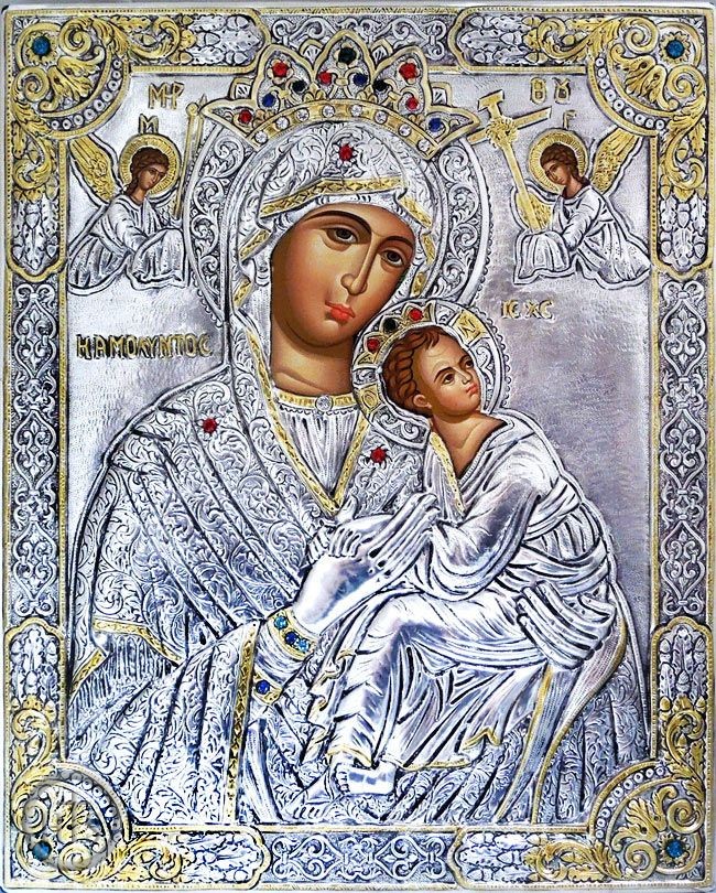 Product Image - Virgin of Passion - Lady of Perpetual Help, Serigraph Greek  Icon in Silver Oklad