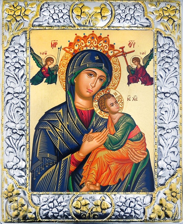 Product Pic - Virgin of Passion - Lady of Perpetual Help,  Serigraph Icon in Silver/Gold Frame