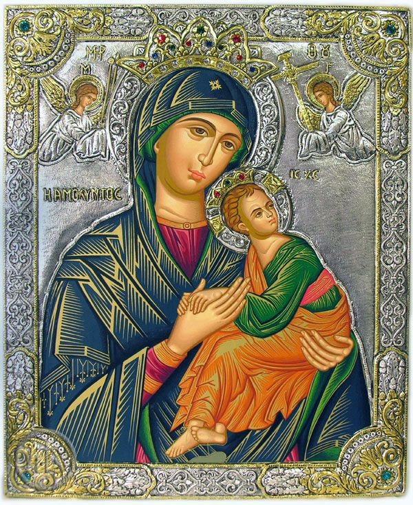 Product Image - Virgin of Passion, Serigraph Orthodox  Icon in Silver Riza 