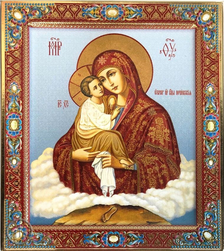 Pic - Virgin Mary of Pochaev (Pochaevskaya),   Embossed Printing on Wood, Gold Foil Icon