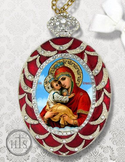 Image - Virgin of Pochaevskaya, Egg Shape Framed Ornament Icon, Red
