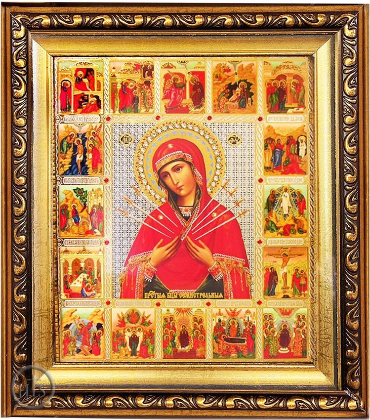 Product Pic - Virgin Mary of Sorrows, Orthodox Vita (Life) Icon, Gold Framed