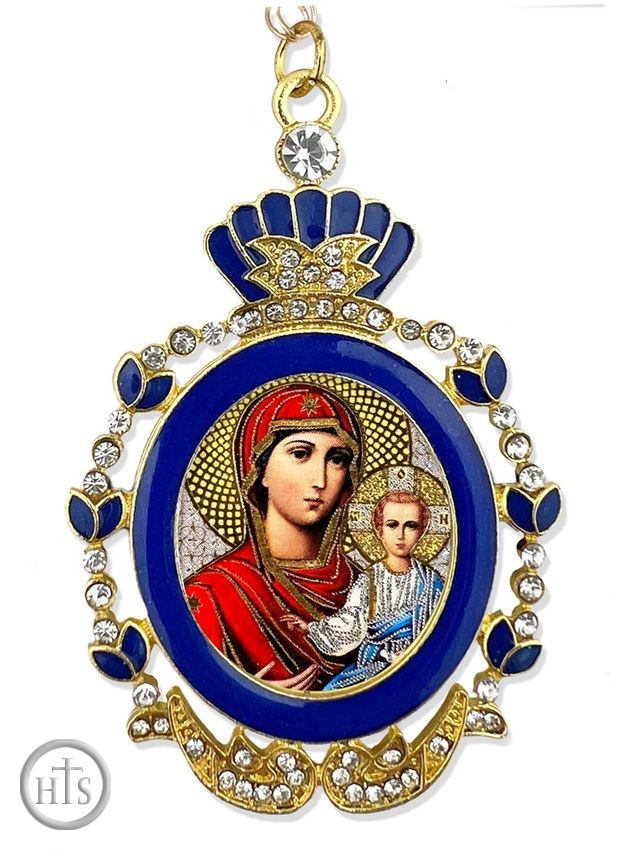 Pic - Virgin of Smolensk, Blue Enamel Framed Icon with Chain & Bow