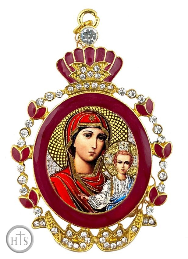 Product Photo - Virgin of Smolensk, Red Enamel Framed Icon with Chain & Bow