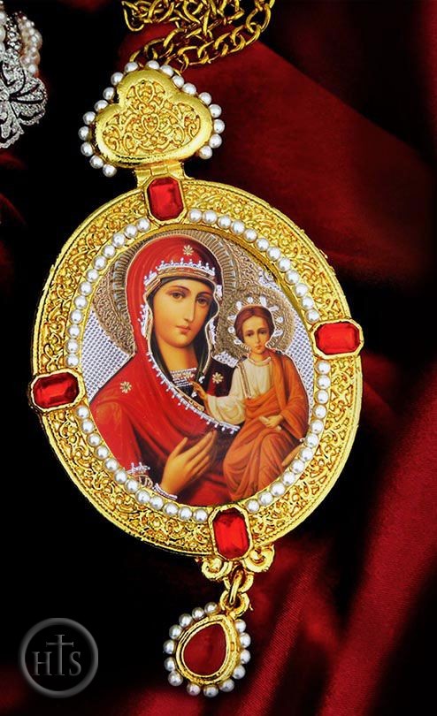 Product Pic - Virgin Mary of Smolensk, Oval Shaped Framed Icon Ornament with Pearls & Chain