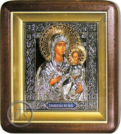 Product Picture - Virgin Mary Smolenskaya,  Wood Framed Icon with Metal Oklad and Glass