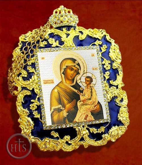 Product Photo - Virgin of Tikhvinskaya, Square Shaped Ornament Icon Pendant, Blue