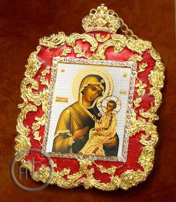 HolyTrinityStore Picture - Virgin of Tikhvinskaya, Square Shaped Ornament Icon Pendant, Red