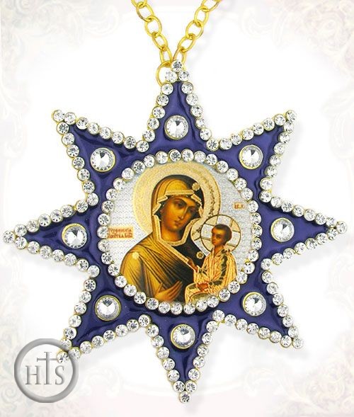 Product Pic - Virgin  of Tikhvinskaya, Ornament Icon Pendant with Chain,  Blue