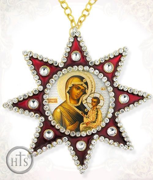 Image - Virgin  of Tikhvinskaya, Ornament Icon Pendant with Chain, Red