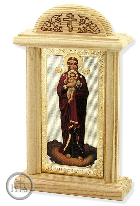 Product Picture - Virgin of Valaam,  Oklad Orthodox Christian Mini  Icon in Wood Shrine,
