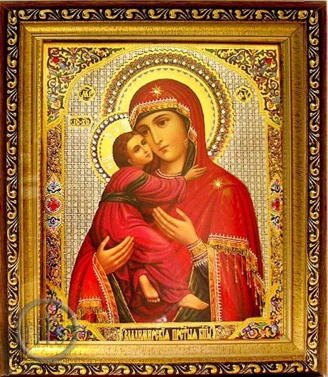 Product Pic - Virgin of Vladimir, Framed Orthodox Icon with Crystals and Glass