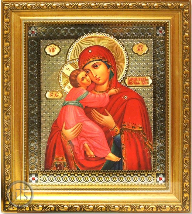 Product Pic - Virgin of Vladimir, Framed Orthodox Icon with Crystals and Glass