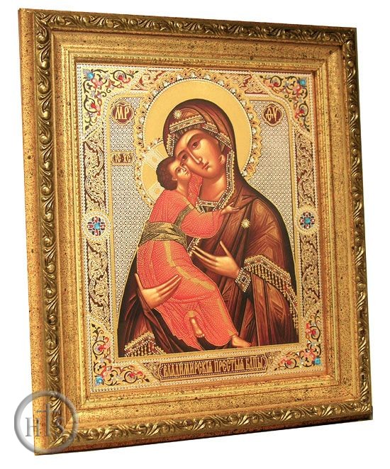 Product Picture - Virgin of Vladimir,  Framed Orthodox Icon with Crystals and Glass