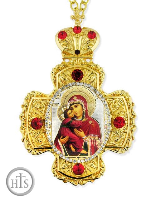 Product Pic - Virgin of Vladimir,  Faberge Style Framed Cross-Shaped Icon Pendant