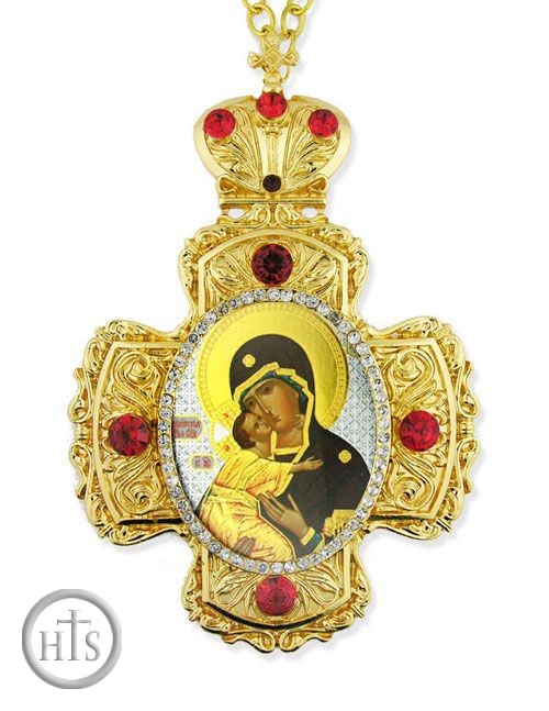 Image - Virgin of Vladimir,  Faberge Style Framed Cross-Shaped Icon Pendant