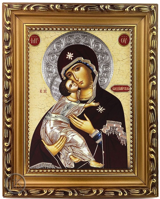 HolyTrinityStore Photo - Virgin of Vladimir, Wooden Frame Orthodox Icon with Stand