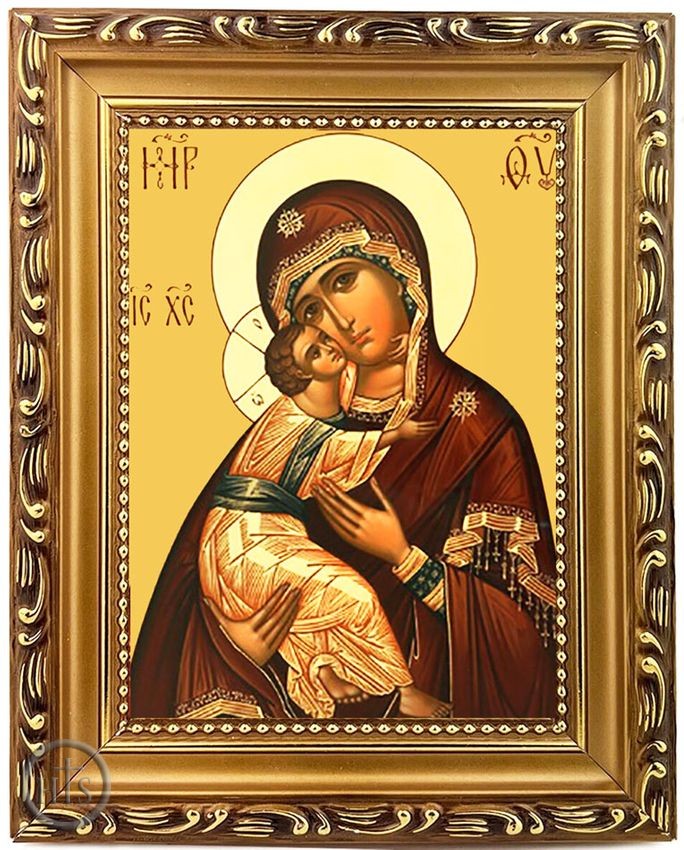Picture - Virgin of Vladimir, Wooden Frame Orthodox Icon with Stand