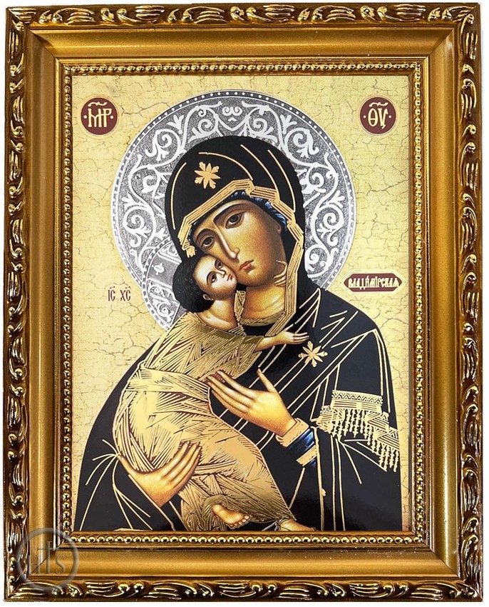 HolyTrinityStore Image - Virgin of Vladimir, Wooden Frame Gold Foil Icon with Stand