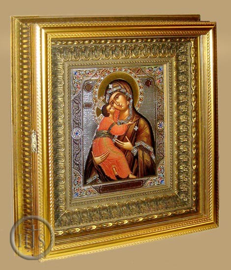 HolyTrinityStore Photo - Virgin of Vladimir,  Orthodox Icon with Crystals in Gold Kiot 