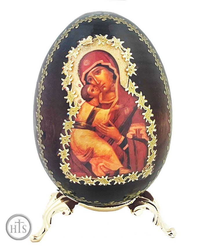 Pic - Virgin of Vladimir Icon Egg on Gold Metal Stand