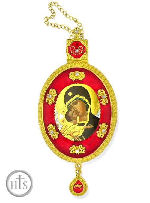 Photo - Virgin of Vladimir, Oval Shaped Framed Icon Ornament with Ctystals & Chain, Red