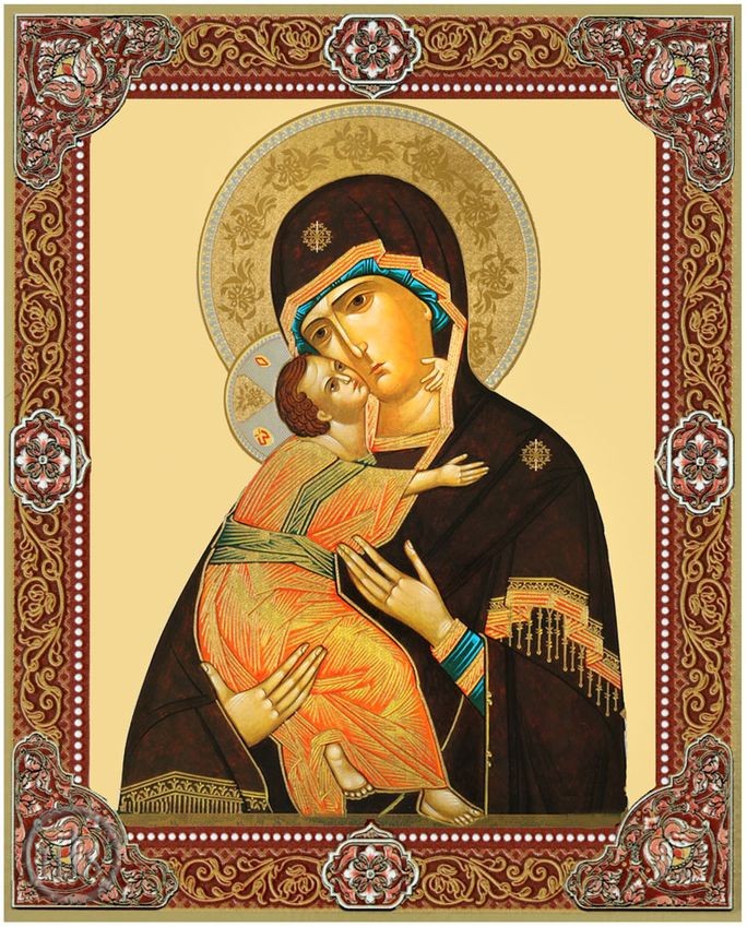 HolyTrinityStore Photo - Virgin of Vladimir, Gold Foil Orthodox Icon with Stand 