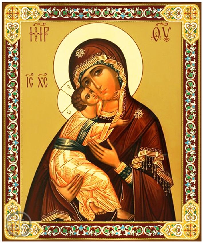 Product Photo - Virgin of Vladimir, Gold Foil Orthodox Icon with Stand 