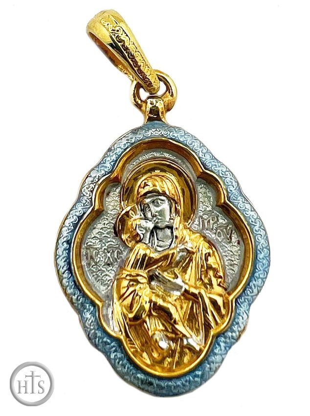 Product Image - Virgin of Vladimir Icon Pendant, Gold Plated, Blue Enamel