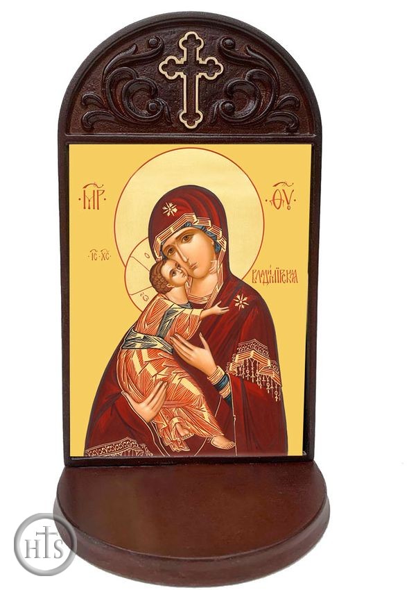 HolyTrinityStore Photo - Virgin of Vladimir Icon in Wooden Shrine With Shelf 