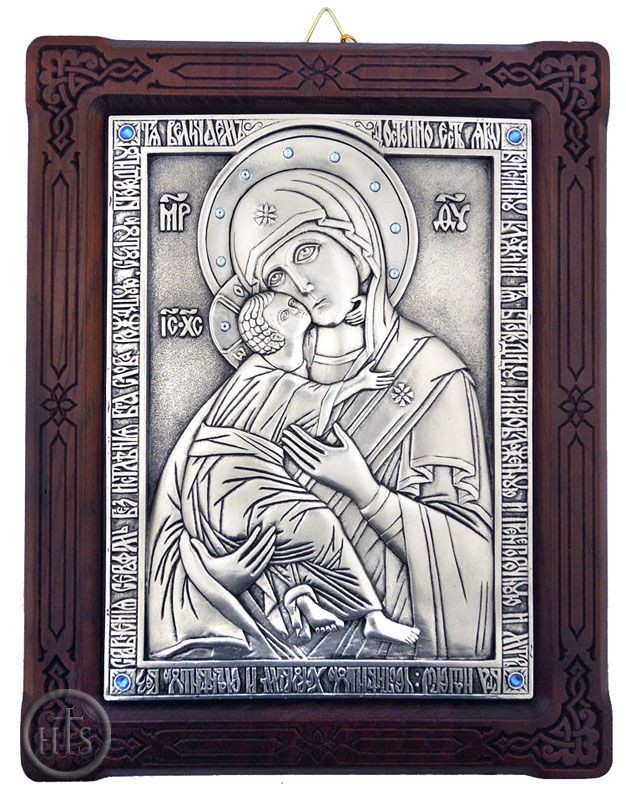 Product Picture - Virgin of Vladimir,  Silver Plated Orthodox Icon in Oak Wood Frame