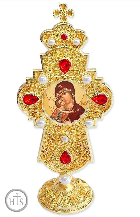 Image - Virgin of Vladimir, Jeweled Standing Cross, 7 Inch