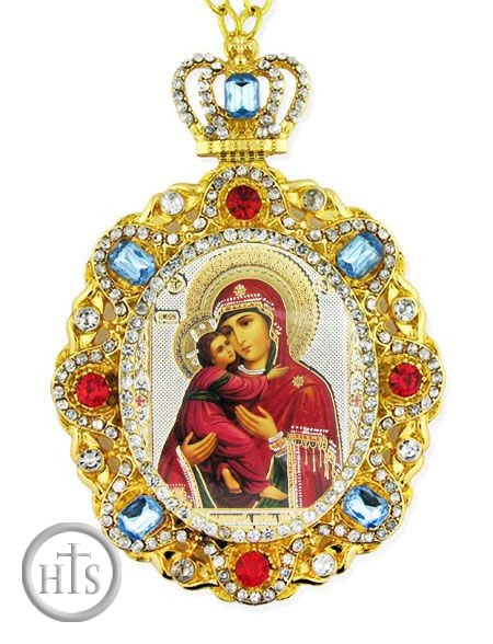 HolyTrinityStore Photo - Virgin of Vladimir, Jeweled  Icon Pendant with Chain