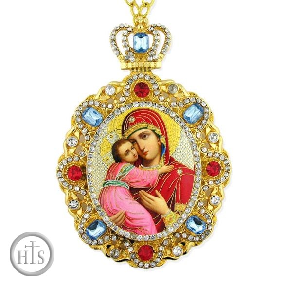 HolyTrinityStore Photo - Virgin of Vladimir, Jeweled  Icon Pendant with Chain