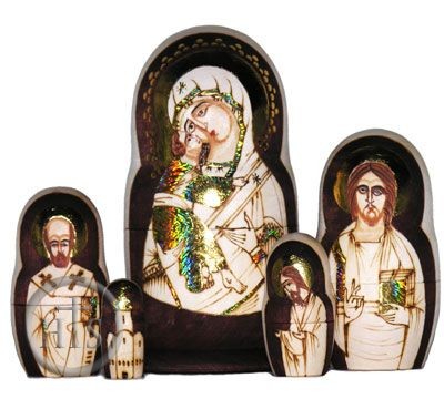 Product Photo - 5 Virgin of Vladimir Nested Dolls, Wood Burn, Hand Painted 